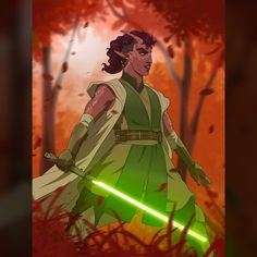 a cartoon character with a green light saber in his hand and red leaves around him