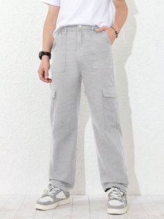 Teen Boy Fashion Casual Washed Denim Cargo Jeans Light Grey    Denim Plain Tapered/Carrot Non-Stretch  Teen Boys Clothing, size features are:Bust: ,Length: ,Sleeve Length: