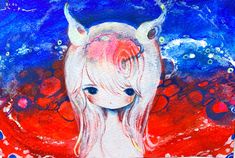 a painting of a girl with horns on her head and red, white and blue background