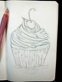 a drawing of a cupcake with a cherry on top is shown in the open book