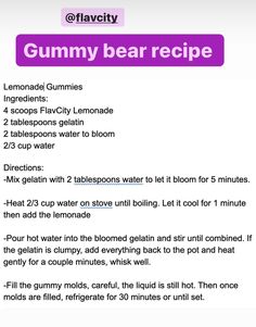 the recipe for gummy bear recipe is shown in purple and white text, along with instructions on how to make it