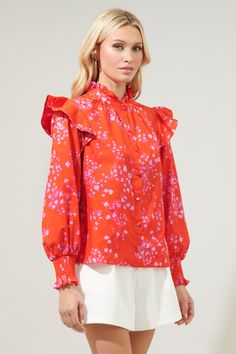 Ibis Floral Button Front Poplin Blouse – Sugarlips Poplin Blouse, Modern Romance, Vintage Havana, Mock Neckline, Sweater Sale, Red Blouses, Ruffle Top, Balloon Sleeves, Swimwear Accessories