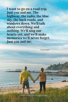 two people holding hands on the beach with an ocean in the background and a quote from unknown