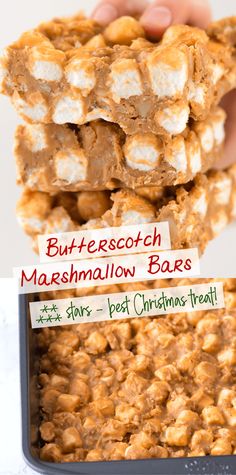 two different views of marshmallow treats in a pan with the words butterscotch marshmallow bars on them