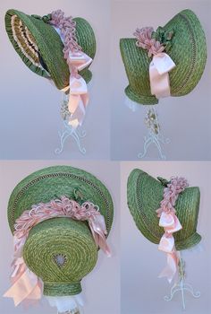 four pictures of hats with ribbons and bows