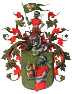 an ornate coat of arms with two men and a dog on the front, surrounded by red flowers