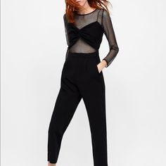 Love Mesh Layer Underneath Knot Detail.. Very Chic & Sexy Mesh Jumpsuit, Zara Jumpsuit, Zara Pants, Trim Color, Black Jumpsuit, Zara Black, Black Silver, Pant Jumpsuit, Jumpsuit Romper