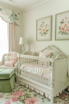 a baby's room with pink and green decor