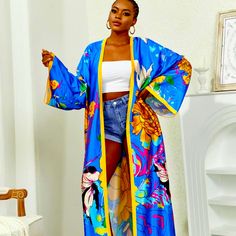 Gorgeous Kimono Can Be Dressed Up Or Down With A Dress And Heels Or Shorts And Tank Plus Size Fits Xl-2x Kimono Fashion Summer, Belt Kimono, Floral Print Kimono, Kimono Vintage, Traditional Kimono, Azul Real, Beautiful Kimonos, Plus Size Fits, Plus Size Vintage