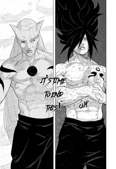 two anime characters one with black hair and the other without his shirt, both looking at each