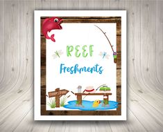 a card with the words reef freshments on it and a fish jumping out of water