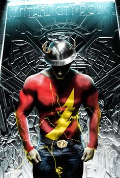 a man in a red and yellow costume standing next to a metal wall with the flash symbol on it