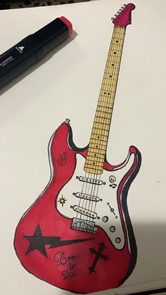 a drawing of a red guitar with stars on it