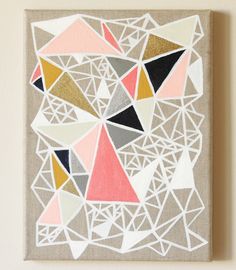 an abstract painting with many different colors and shapes on it's canvas, including triangles