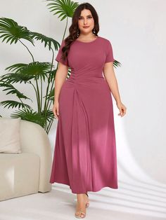 Plus Size Summer Casual Solid Color Ruched Waist-Cinching Dress Maxi Women Outfit Dusty Pink Casual  Short Sleeve Fabric Plain A Line High Stretch  Women Plus Clothing, size features are:Bust: ,Length: ,Sleeve Length: Plus Size Work Dresses, Plus Size Summer Casual, Casual Frocks, Houndstooth Dress, Minimalist Dresses, Dress Dusty, Plus Size Summer, Long Sleeve Short Dress, Vestido Casual