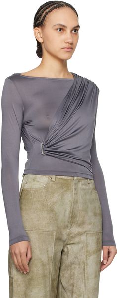 Stretch polyester jersey top. Draping and gathering throughout. · Boat neck · O-ring at side seam Supplier color: Gray Draped Blouse Outfit, Top Draping, Draping Top, Goddess Outfit, Grey Drapes, Birger Christensen, Draped Blouse, Suede Tops