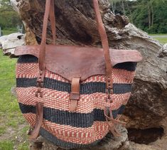 These individually woven colourful bags were woven  by women in certain regions of Kenya https://en.wikipedia.org/wiki/Kiondo. The weaving skills were handed down from mothers and grandmothers. This bag has interwoven hues of red, beige, pink and green. This bag is unique and is the only one of it's kind in the world. Colours change in different lights. Traditional Woven Leather Shoulder Bag For Daily Use, Traditional Brown Bag With Woven Leather, Traditional Woven Leather Bags For Daily Use, Traditional Natural Woven Leather Shoulder Bag, Traditional Woven Leather Shoulder Bag For Travel, Basket-shaped Woven Shoulder Bag For Travel, Brown Weaving Bag For Daily Use, Brown Weaving Bags For Daily Use, Rectangular Woven Travel Bag