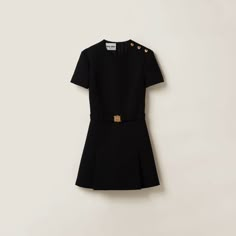 Straight fit Lined Round neck Side zipper closure with hook Three-dimensional logo on the buckle closure Short sleeves Luxury Black Belted Dress, Formal Fitted Miu Miu Dresses, Miu Miu Fitted Formal Dresses, Miumiu Dress, Classic Cocktail Dress, Dress C, Edgy Outfits, Harrods, Miu Miu