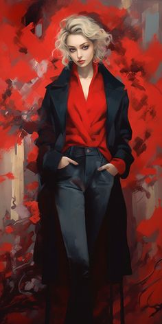 a painting of a woman in red shirt and black coat