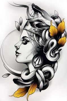 a woman's face with yellow flowers in her hair and an artistic design on it