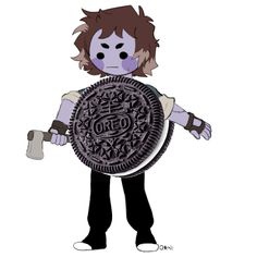 a cartoon character holding an oreo cookie