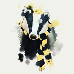 a badger with a scarf around its neck is wearing a yellow and black striped scarf