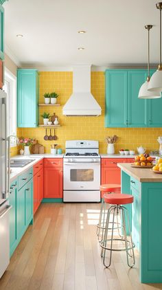 Coastal Kitchen Ideas Themed Kitchen Ideas, Coral Kitchen, Beachy Kitchens, Coastal Kitchen Ideas, Coastal Kitchens, Turquoise Cabinets, Yellow And Coral, Aqua Kitchen, Beach Kitchen