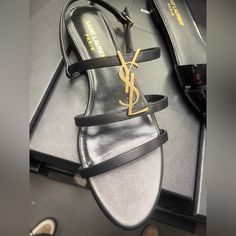 100% Authentic Brand New In Box Ysl Black Gold Hardware Ysl Flats, Red Platform Heels, Ysl Sandals, Yves Saint Laurent Shoes, Ysl Shoes, T Strap Heels, Flats Sandals, Leather Platform Sandals, Saint Laurent Shoes