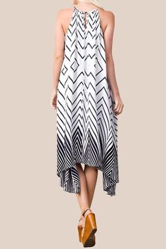 LLove Sophisticated handkerchief hem geometric print midi dress. Halter neck. Lined. Excellent for special occasion evening. Color: Off White Sizes: S-M-L Bust 38-40-42, Length 41 front and 55 sides measured on size Small 100% Rayon, Lining 100% Polyester, hand wash cold, imported U1/LV20558 Dress Halter Neck, Dress Halter, Print Midi Dress, Navy Midi Dress, Handkerchief Hem, Printed Midi Dress, Geometric Print, Halter Neck, Special Occasion