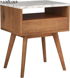 an end table with a marble top and wooden legs