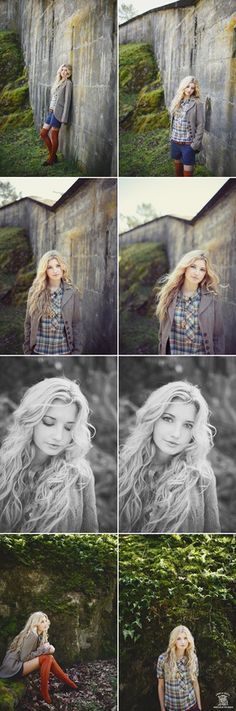 four different shots of a woman with long hair and boots sitting in front of a stone wall