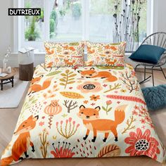 a bed with an orange fox and flowers on it