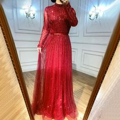 Burgundy Glamour: 2024 A-Line Muslim Evening Gown with Sparkling Beading and Long Sleeves Formal Parties, Rich Burgundy, Evening Dress Fashion, Beaded Gown, Women Formals, Burgundy Color, Beaded Dress, Tulle Dress, Ladies Party