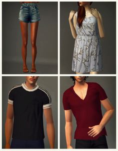 four different poses of the same person wearing short shorts and t - shirts, with their hands on their hips