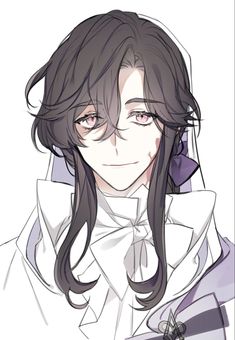 an anime character with long black hair wearing a white shirt