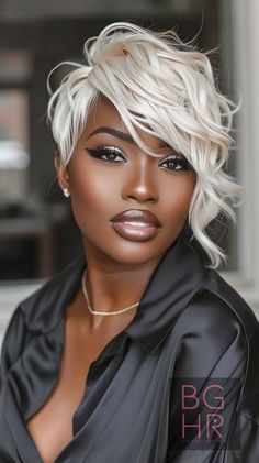 Short Natural Pixie Haircut Black Women, Blonde Hair Dark Skin Women, Pixie Cut On Round Face, Brown And Blonde Hair Black Women, Grey Hairstyles For Black Women, White Platinum Blonde Hair, Holiday Hairstyles For Black Women, Wig Colors Black Women, Short Hair Styles For Black Women