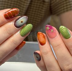 Autumn Nail Inspo Aesthetic, Fun Autumn Nails, Green Autumn Nails, Nails Fun, Easy Nails, Grunge Nails, Nails Fall, Gel Nail Designs