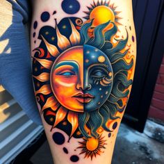 a sun and moon tattoo on the leg