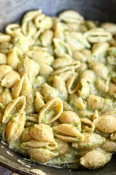 pasta shells with pesto sauce in a pan