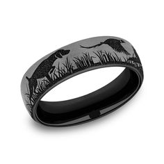 From Benchmark's Brook and Branch Collection, this wedding band offers a rugged yet stylish design, perfect for nature enthusiasts. Crafted from grey titanium and measuring 6.5mm in width, its standout feature is a striking duck and pointer dog scene that wraps around the band, creating a scenic, timeless look that symbolizes the beauty of the outdoors. The combination of durable materials and intricate design makes this band an ideal choice for those who appreciate both fine craftsmanship and a Shared Prong Engagement Ring, Square Halo Engagement Rings, Rolling Ring, Titanium Metal, Pointer Dog, Stackable Bands, Diamond Free, Scenic Design, Metal Shop