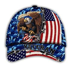 an american flag and eagle on a blue camo hat with the words veteran written across it