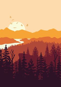 an orange and red sunset over a mountain range with birds flying in the sky above