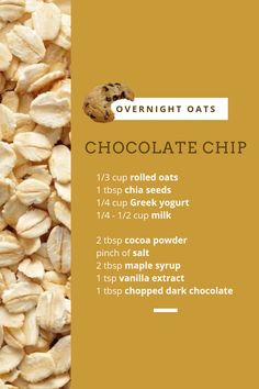 the ingredients for overnight oats chocolate chip are shown in front of an orange background