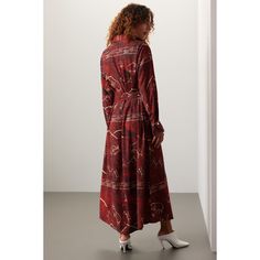 Brown printed jersey (100% Polyester). Shirt dress. Long sleeves. Collar. Front button closure. 54.5" from shoulder to hemline. Imported. Loose Updo, Shirt Dress Long, Polyester Shirt, Printed Jersey, Maxi Shirts, Dress Long Sleeves, Maxi Shirt Dress, Rent The Runway, Closet Designs