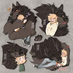 four stickers depicting the faces of two people and a wolf, one with his head on