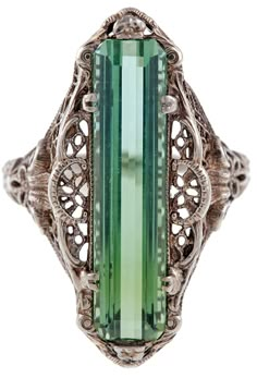 Antique green tourmaline filigree ring, circa 1880, antique jewelry, Victorian, white gold, heirloom, cocktail ring, dinner ring Gemstone Wedding, Green Tourmaline Ring, Wedding Women, Antique Green, Ring Emerald, Emerald Engagement, Silver Style