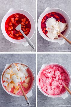 four pictures showing how to make strawberry ice cream