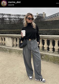 Grey Trousers Casual Outfit, Nike Office Outfit, Fall Fashion Classic Style, Nike Dunks Business Casual, Gray Pants Outfit Summer, Nike Dunk Work Outfit, Grey Pinstripe Trousers Outfit, Chill Office Outfits, Low Dunks Outfit Woman