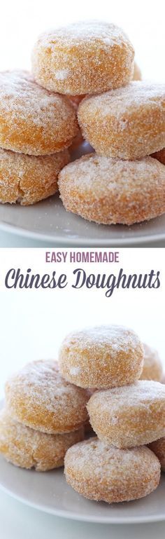 two pictures of doughnuts stacked on top of each other with the words, easy homemade chinese doughnuts