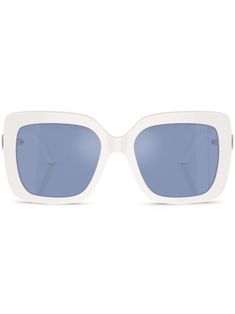 optical white acetate square frame blue tinted lenses crystal embellishment straight arms curved tips These glasses come with a protective case. White Rectangular Glass Sunglasses, White Cat Eye Sunglasses For Formal Occasions, Formal White Cat Eye Sunglasses, White Polarized Sunglasses For Evening, Chic White Evening Sunglasses, Elegant Optic White Sunglasses With Tinted Lenses, White Acetate Cat Eye Sunglasses, Elegant Square Sunglasses With Uv Protection, Elegant Optic White Polarized Sunglasses